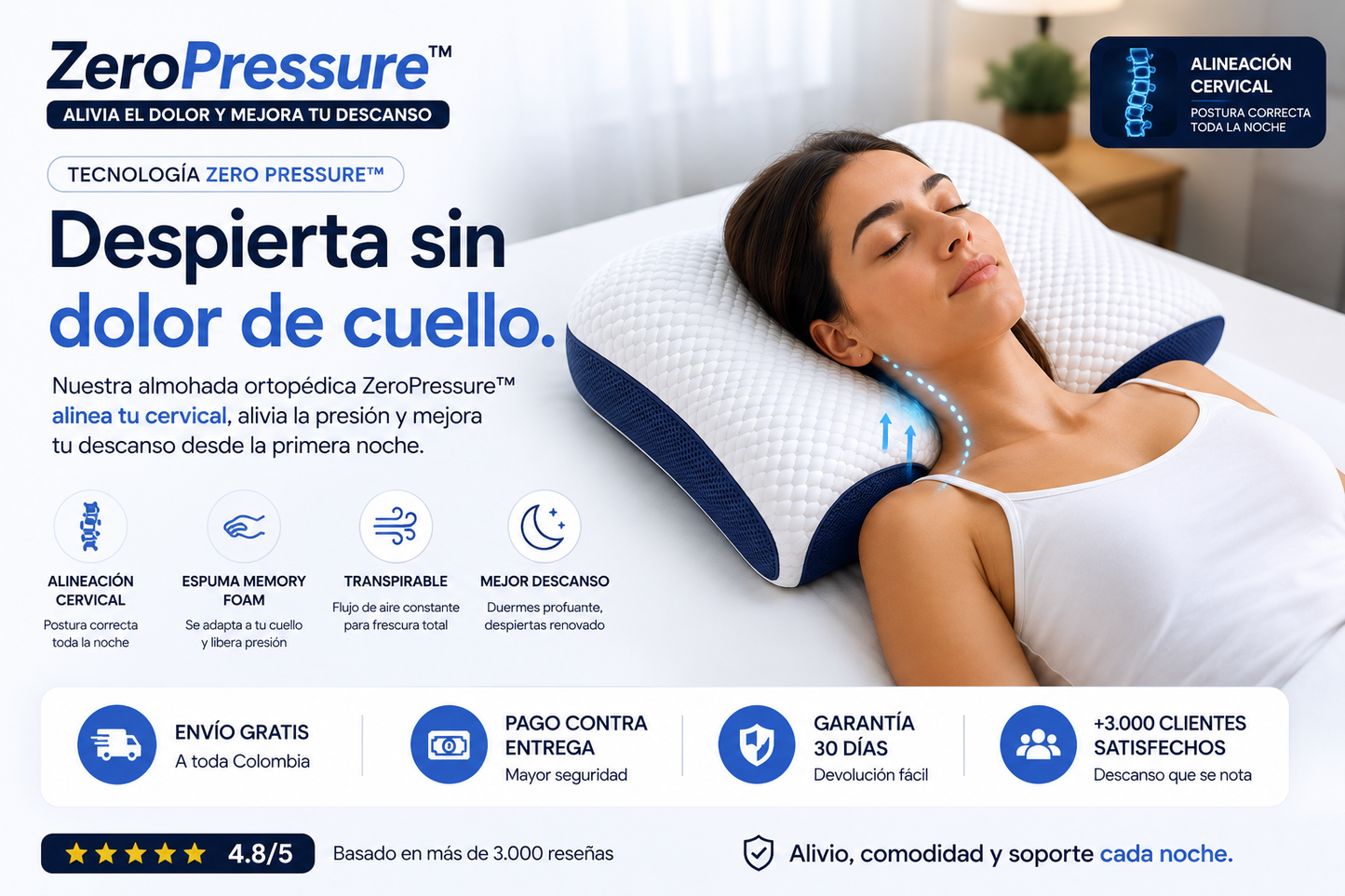 Almohada Cervical ZeroPressure™ – Alivia el Dolor y Mejora tu Descanso